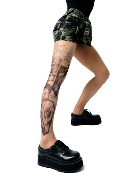 Колготки +size с принтом по религиозным мотивам на правой ножке (Размер: XL-XXL) (Цвет: бежевый)