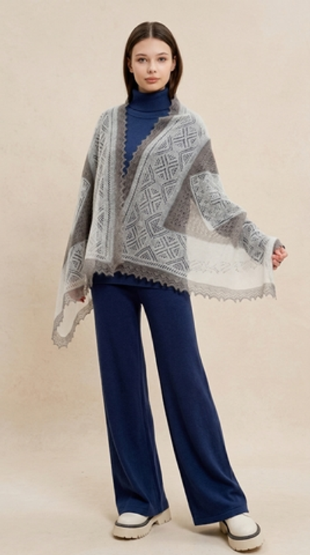 Оренбургский пуховый палантин двухцветный АИ16070-01/03 белый/серый