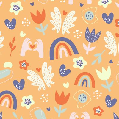 радуга и  цветы в стиле дудл на  оранжевом фоне