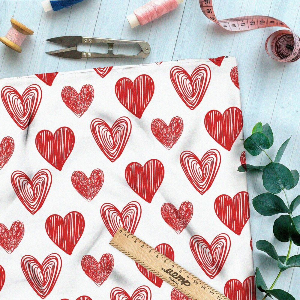 Ткань оксфорд 210 красные сердечки на белом фоне