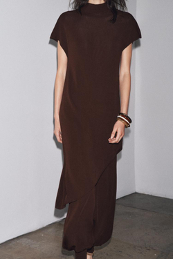 ZARA ПЛАТЬЕ-ТУНИКА МИДИ С БАНТОМ, ТЕМНО-КОРИЧНЕВЫЙ