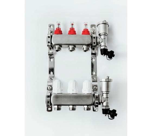 Коллекторная группа Grosseto с расходомерами 1"x¾" 3 выхода, нержавеющая сталь 10 бар универсальный кронштейн, автоматический воздухоотводчик