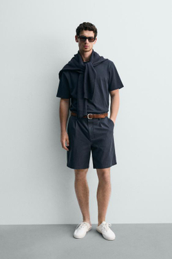 ZARA ШОРТЫ REGULAR FIT СО СКЛАДКАМИ, МОРСКОЙ СИНИЙ