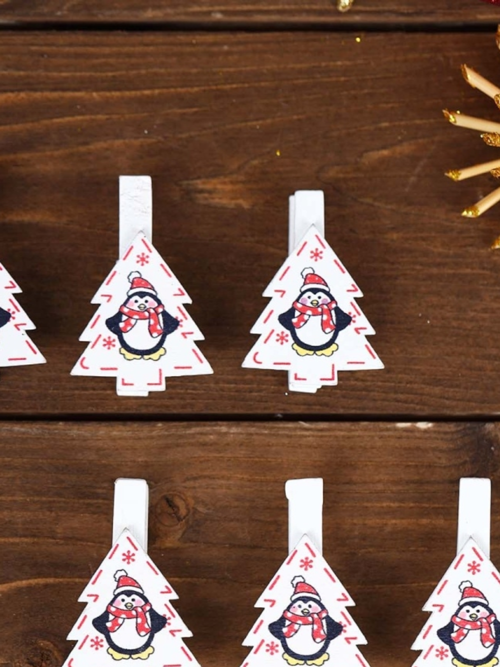 Набор новогоднего декора на прищепке, 6 шт. "Елочки с пингвинами"
