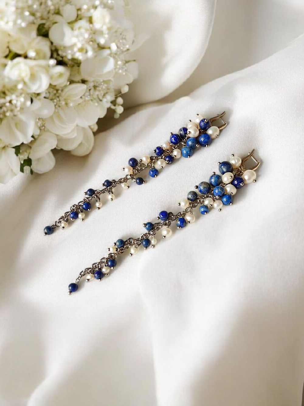 Серьги-грозди длинные с натуральными камнями