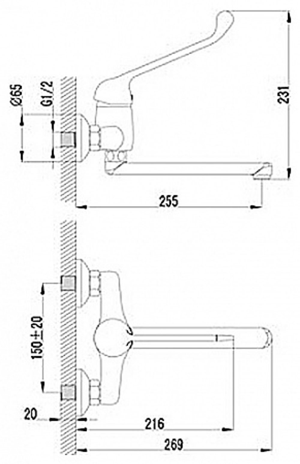 LM4611C (105B-R) Проджект Смеситель для кухни/умывальника с локтевой рукояткой, настенный, изл.200