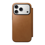 Кожаный чехол-книжка MagSafe Nomad Modern Leather Folio для iPhone 17 Pro Гибридный укреплённый чехол из натуральной цельнозерновой кожи с сенсорной накладкой для Контроллера камеры. Есть отделение для купюр и встроенный картхолдер — вмещает до трёх карт