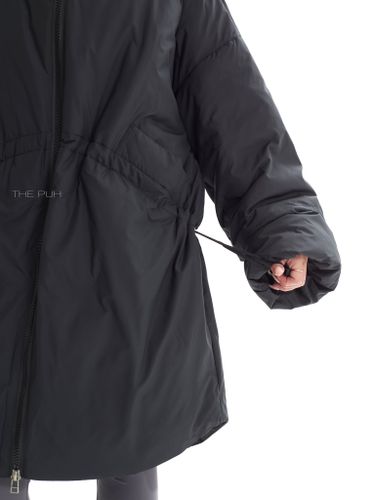 Черно-шоколадный длинный пуховик с капюшоном