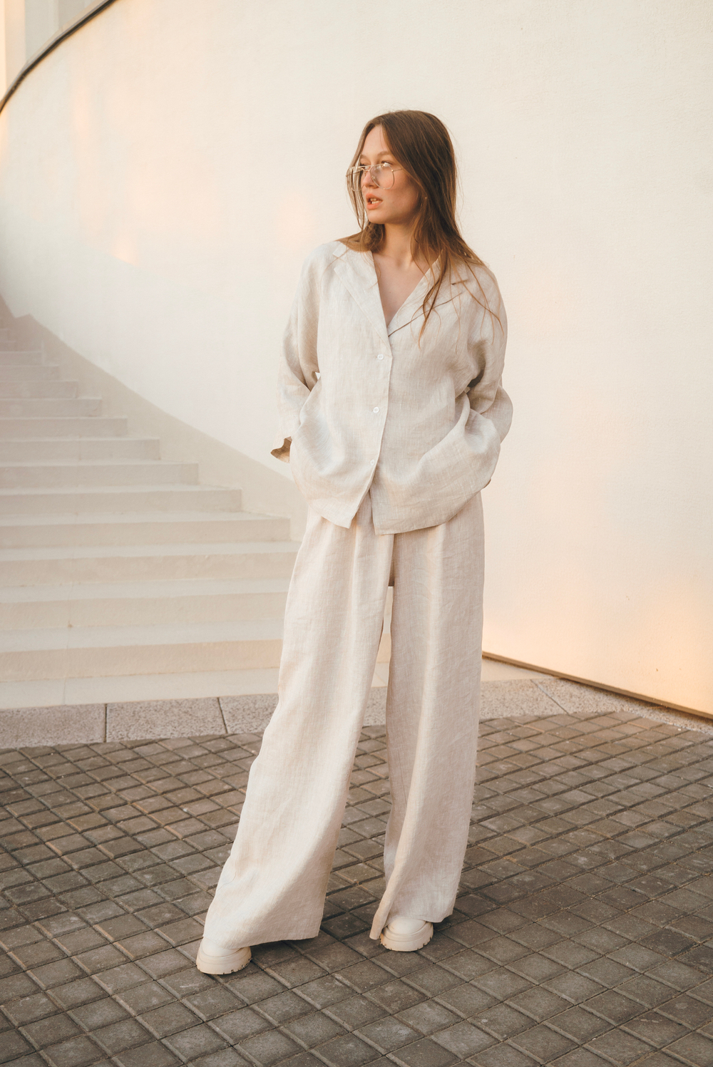 Linen palazzo pants & pajama-style shirt