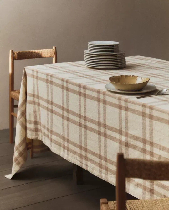 ZARA HOME КЛЕТЧАТАЯ ХЛОПЧАТОБУМАЖНАЯ СКАТЕРТЬ, ЖЕЛТО-ОРАНЖЕВЫЙ
