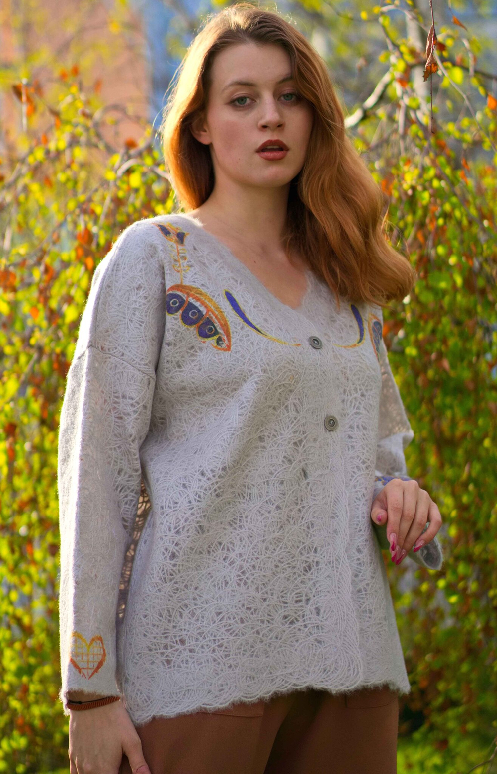 Шерстяной жакет "Синие травы", по мотивам старинных русских узоров