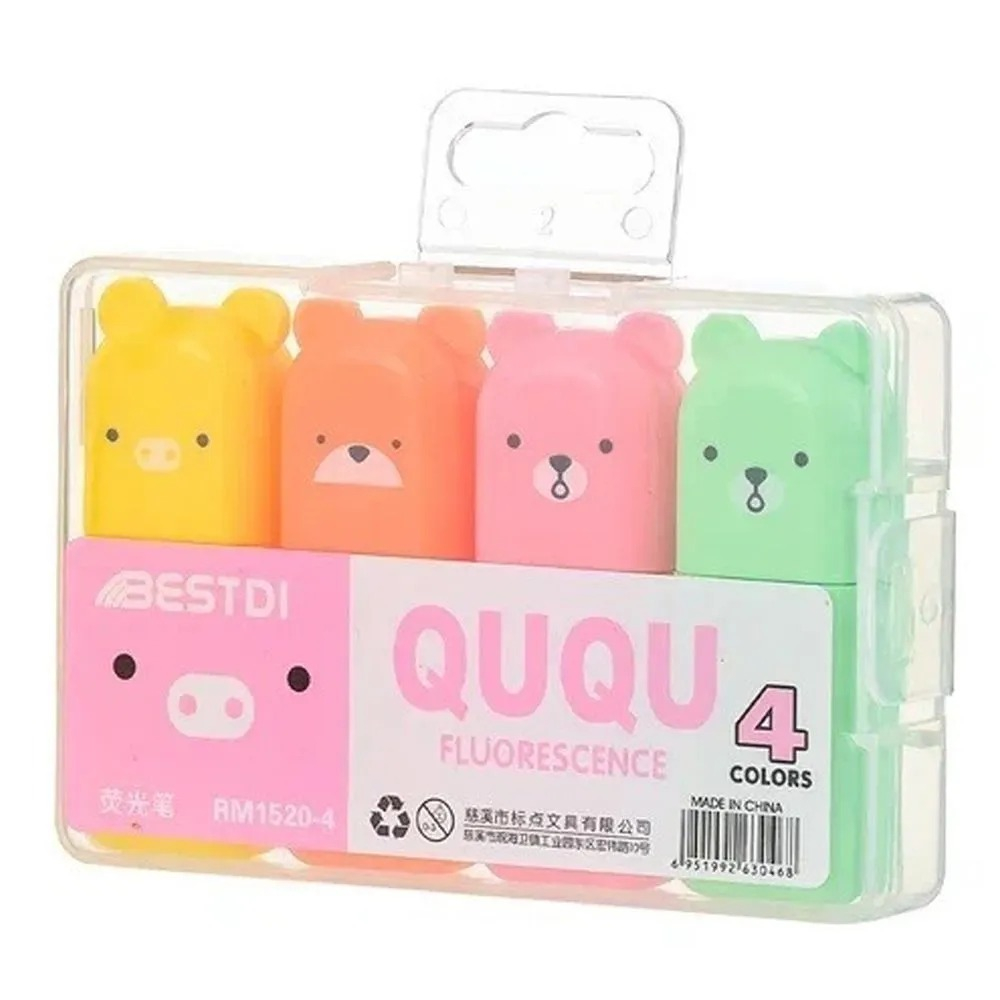 Набор мини текстовыделителей, 4 шт, четырех цветов, серия "Мишка", текстмаркеры детские длиной 5.4 см, фломастеры хайлайтеры MC-Basir, 4 цвета