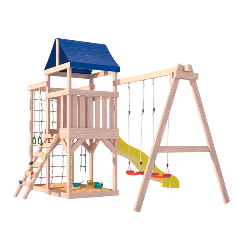 Детская площадка для улицы и дачи Fun Land неокрашенная с сеткой стенкой и качелями