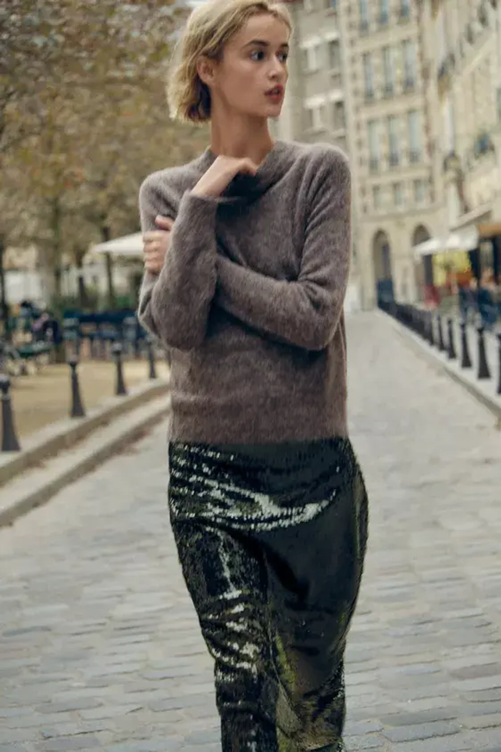 ZARA ОДНОТОННЫЙ СВИТЕР ИЗ ШЕРСТИ И АЛЬПАКИ, СЕРО-КОРИЧНЕВЫЙ