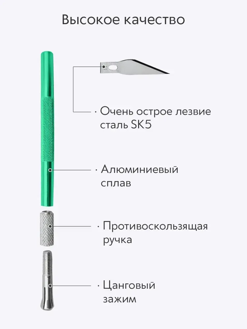 Нож скальпель канцелярский, макетный + 5 лезвий, алюминий, зеленый