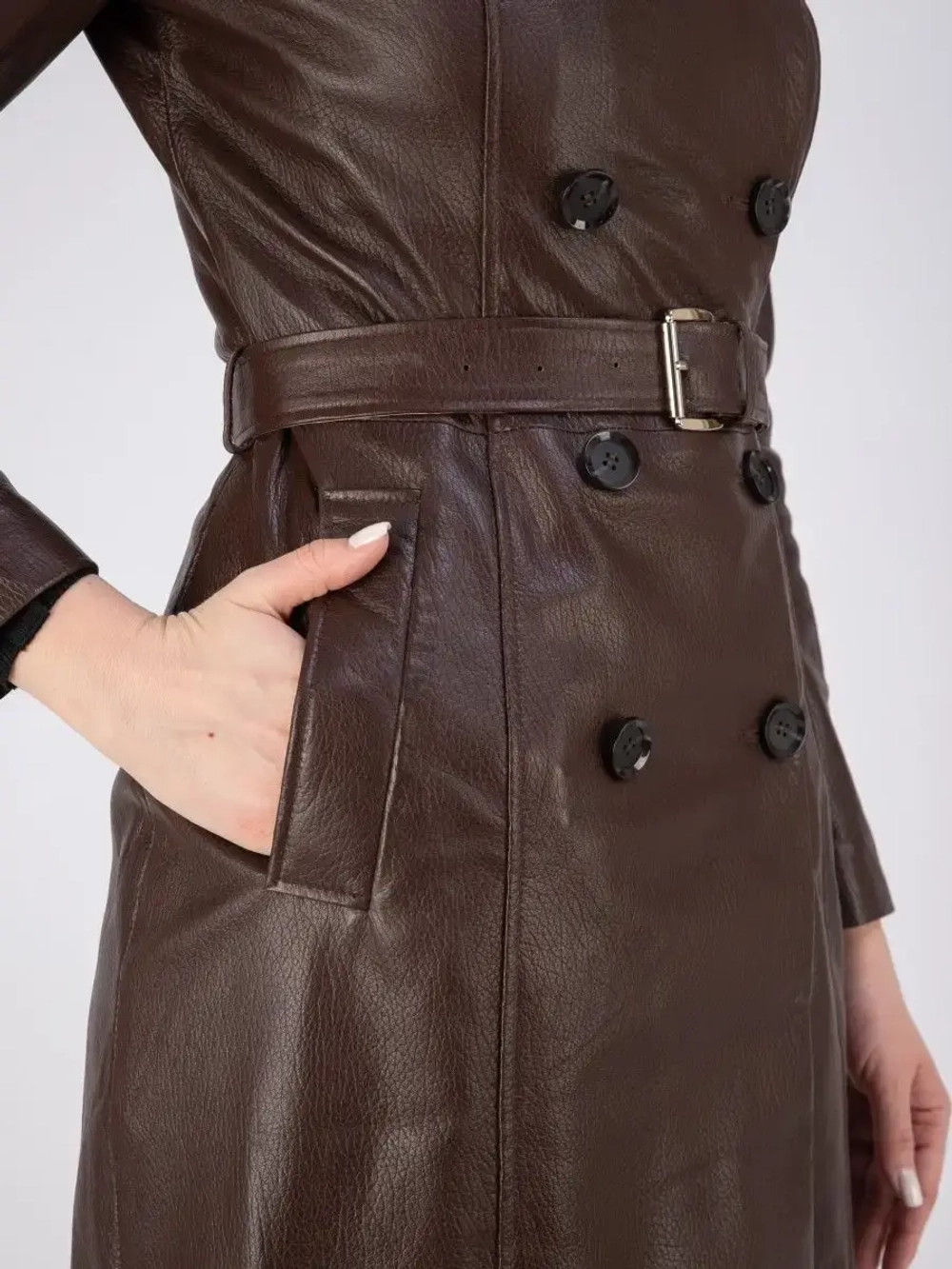 Тренч длинный кожаный с поясом плащ на весну