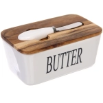 Масленка керамическая «White magic» 16,5*10*8см с крышкой из акации и ножом для масла, белая