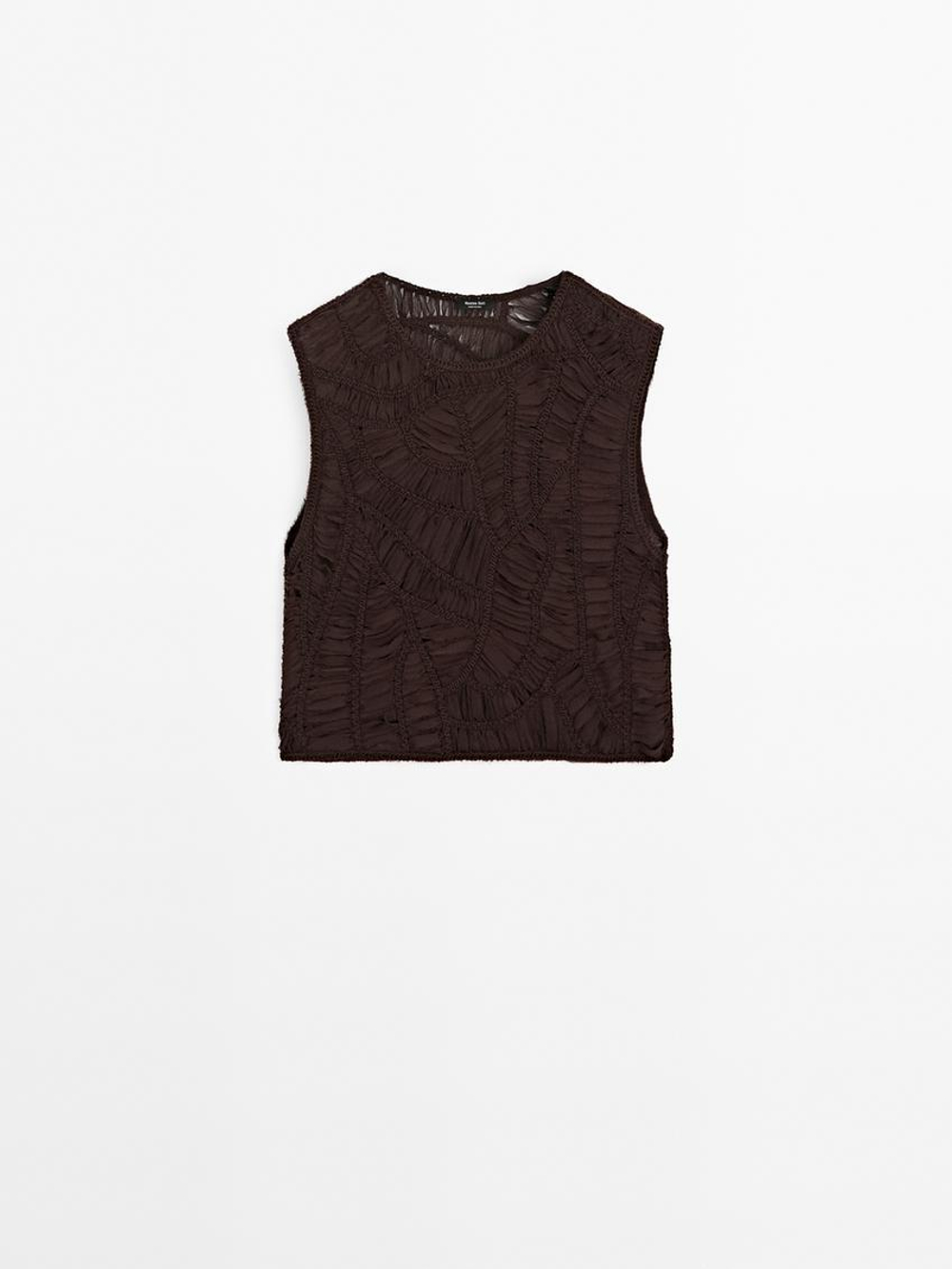 Massimo Dutti Топ из кружева кроше ажурной вязки с цветочным принтом, коричневый