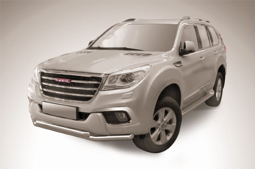 Защита переднего бампера (нержавейка) Haval H9 (2017-2023) d57+d57 (черный)