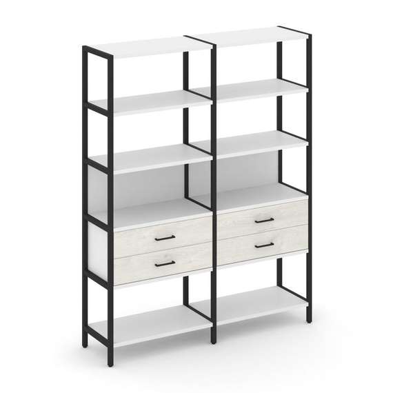 Shelf System Двухсекционный стеллаж пятиярусный с ящиками SN.STM-522 Белый/Дуб Наварра/Металл Черный