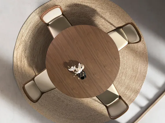 Круглый обеденный стол 1163 из ореха и стали песочного цвета