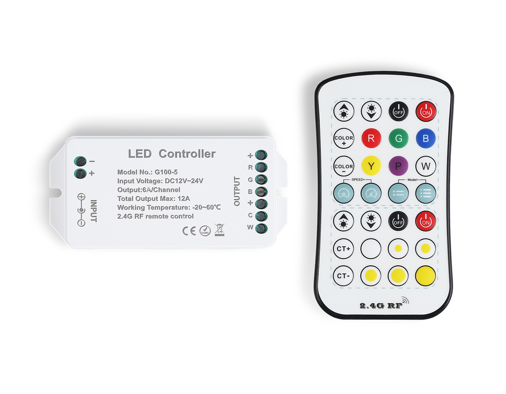 Контроллер для светодиодных лент RGB+CCT с регулировкой температуры света c радио пультом 2.4G 12A 12V 144W/ 24V 288W GS11501 (CR2025)