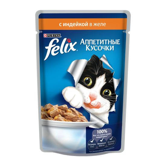Purina Felix Аппетитные Кусочки влажный корм в желе с индейкой 85 гр