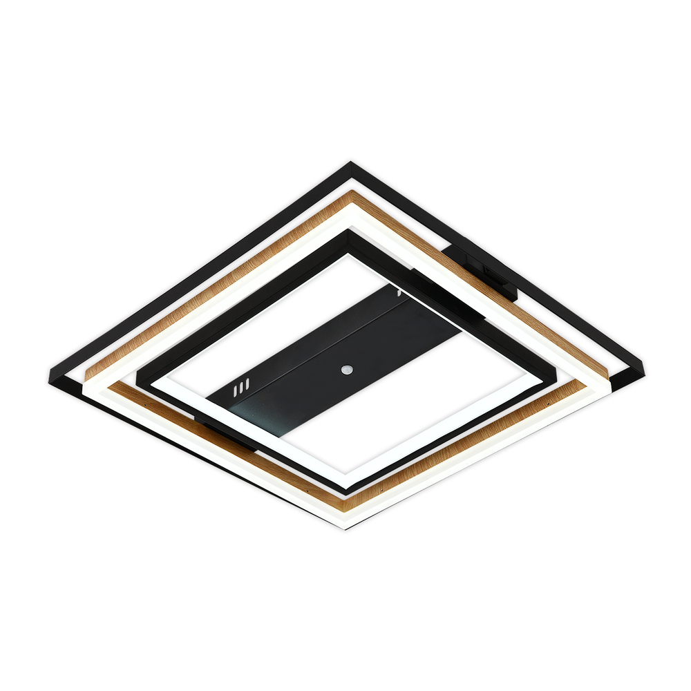 Потолочный светодиодный светильник 83Вт, 6600лм, 3000-6500K, Ra>80, плавная регулировка мощности, изменение цветовой температуры, ночник, пульт, металл/акрил, чёрный/дерево