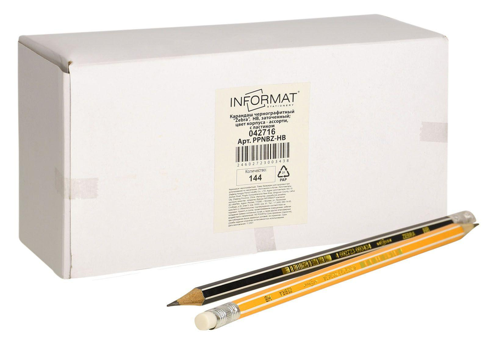 Карандаш ч/г НВ "Zebra" дерево, с ластиком заточенный, шестигран. (Informat)