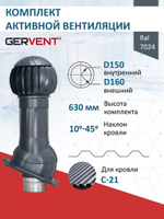 Комплект активной вентиляции: Вентиляционный выход изолированный D 150/160 мм высота H-500 серия Static, проходной элемент PROF-21 для металлопрофиля С21 серия Static, ротационная вентиляционная турбина Ø 160 мм серия Twister, серый Gervent