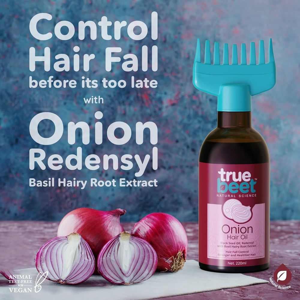 Truebeet Луковое Масло для волос с расческой для роста волос и борьбы с их выпадением, Обогащенное Маслом Черного Тмина, Экстрактом корня Базилика для мужчин и женщин | Для всех типов Волос (220 мл)