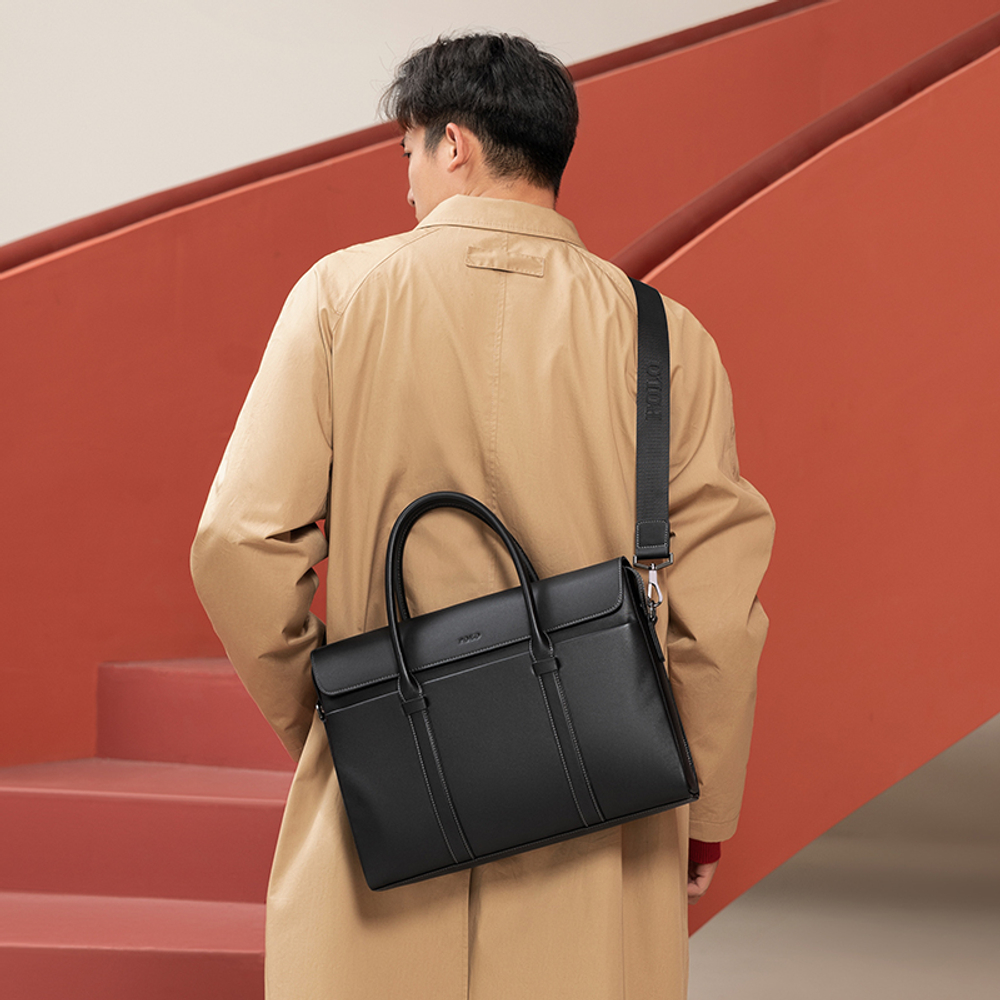 POLO Top Grain Cow Leather Men"s Crossbody Bag Briefcase Large Men"s Black