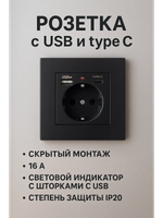 Евро розетка с USB и Type-C черная, шторки
