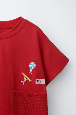 ZARА ФУТБОЛКА С КАРМАНОМ ИЗ КРУЖЕВА КРОШЕ, КРАСНЫЙ