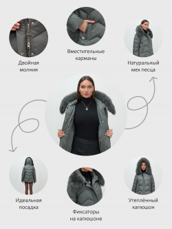 Куртка зимняя женская с мехом и капюшоном тренд темно-серого цвета 7759TC