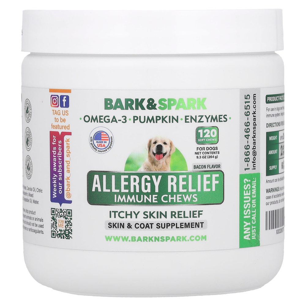 Bark&Spark, Allergy Relief Immune Chews, средство от зуда на коже, для собак, со вкусом бекона, 120 жевательных таблеток, 264 г (9,3 унции)