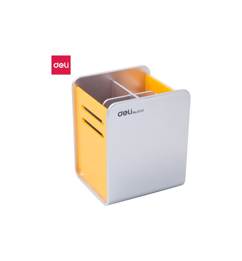 Подставка для письменных принадлежностей Deli 90х80х110мм, серебро-желтый E9137