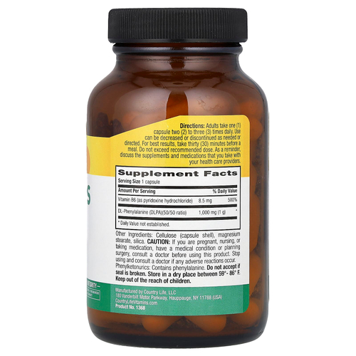 Country Life, DLPA (DL-фенилаланин) в капсулах, 1000 мг, 60 веганских капсул