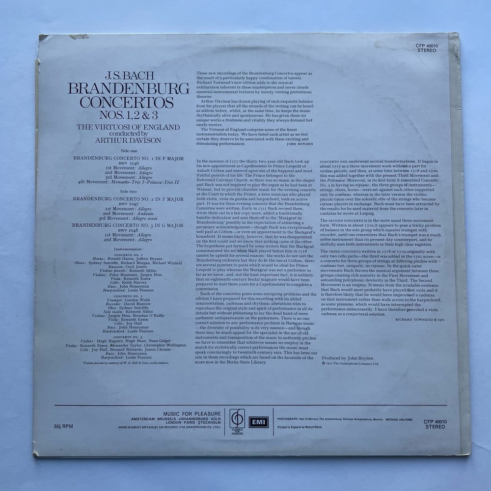 Винтажная виниловая пластинка LP Bach Бах, The Virtuosi Of England, Arthur Davison Brandenburg Concertos Бранденбургские Концерты No. 1 In F Major (UK 1972)