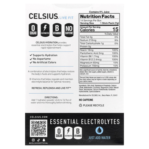 Celsius, Live Fit, увлажнение, незаменимые электролиты, без кофеина, арктическая вишня, 14 стиков в виде порошка, по 7,43 г (0,26 унции)