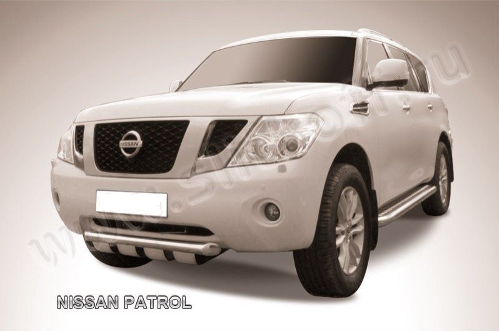 Защита переднего бампера (нержавейка) Nissan Patrol (2010-2014) d76 с защитой картера (черный)