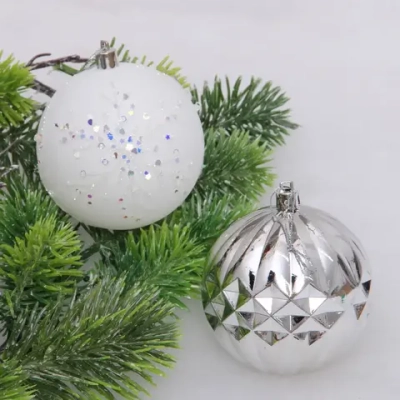 Новогодние шары «Волшебный бал» 8 см (набор 6 шт), Серебро/Белый