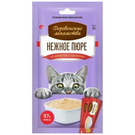 Лакомство для кошек Нежное пюре из креветок с таурином 4х10г,  Деревенские лакомства