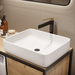 Смеситель для раковины STWORKI Аулум S06020BG матовый черный, матовое золото + донный клапан SD-001BK матовый черный