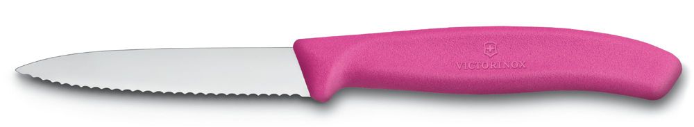 Фото нож для овощей VICTORINOX SwissClassic стальное лезвие 8 см с волнистой заточкой и заострённым кончиком розовая пластиковая рукоять с гарантией