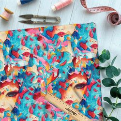 Ткань дюспо загадочная девушка в разноцветных лепестках