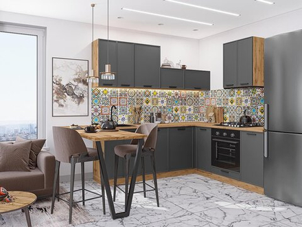 Угловая модульная кухня Фрейм-03 Stormy Silk - Дуб Вотан 2140*2200/2000*600