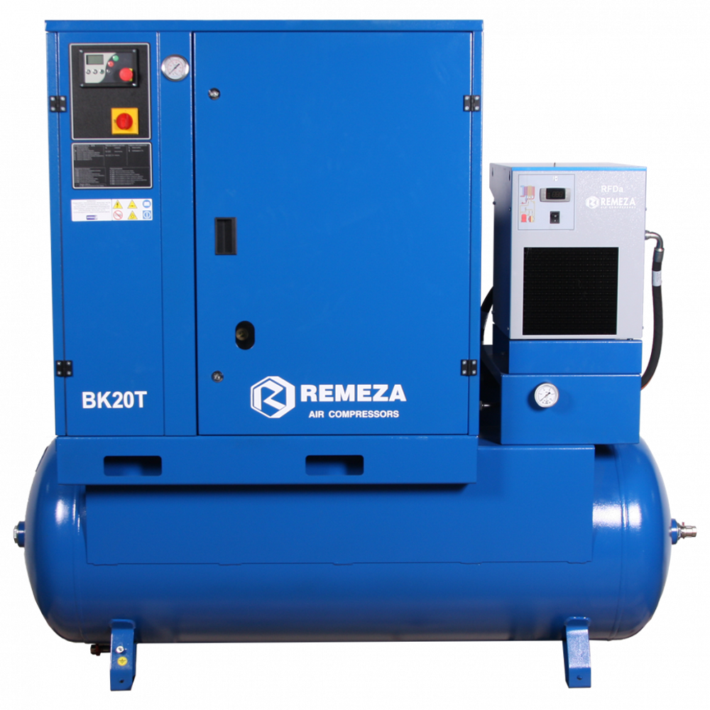 Винтовой компрессор ВК20Т-16-500Д2, ресивер 500 литров , производительность 1450л/мин,  рабочее давление 16 бар, мощность двигателя 15кВт, вес 640 кг, габариты 1960x850x1780мм. REMEZA, Республика Беларусь