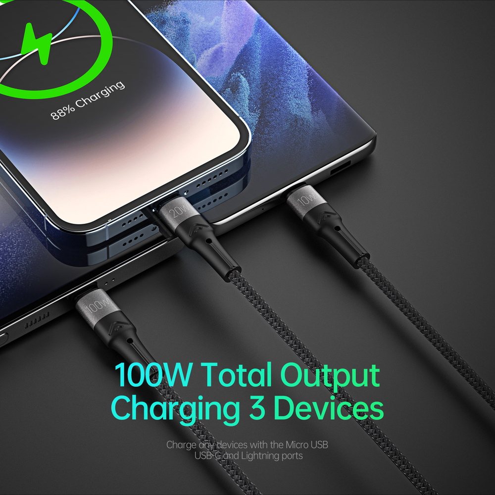 Кабель передачи данных с USB-C 3 в 1 в тканевой оплетке от Duzzona с разъемами USB-C, Lightning, Micro USB, серия A4 Cable, длина 1,3м