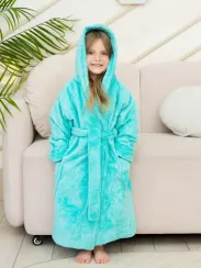 Халат детский велюровый жаккард с капюшоном EMILY Бирюзовый "Polens"